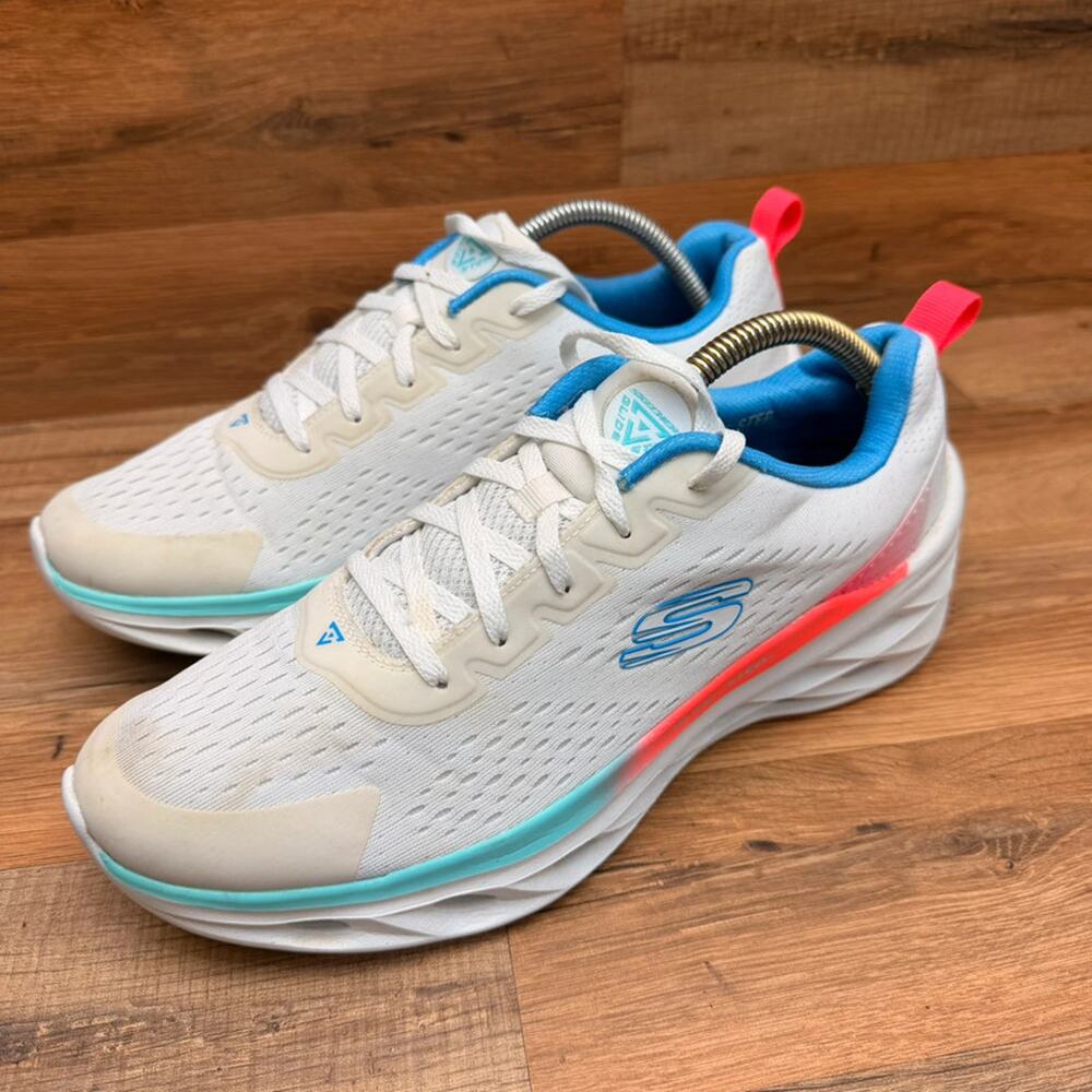 Sketchers Womens 11 Glide-Step White Pink Blue Neon Sneaker